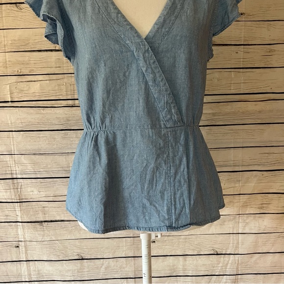 J. Crew Chambray Flutter Sleeve Faux Wrap Peplum Top - Picture 6 of 10